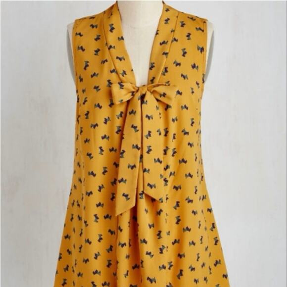 ModCloth Mustard Yellow Scottie Dog print blouse - Picture 1 of 8